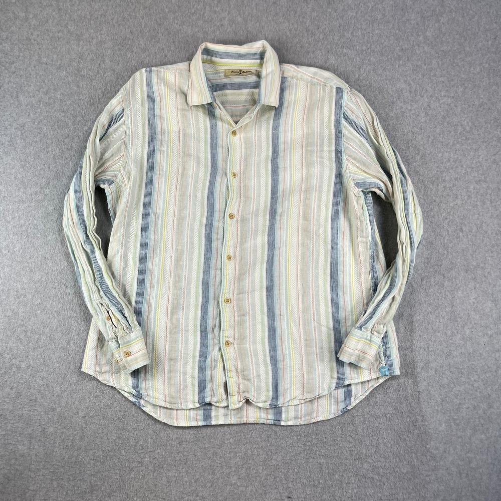 Tommy Bahama Shirt Mens Large Linen Blend Striped Long Sleeve Button Up Beach